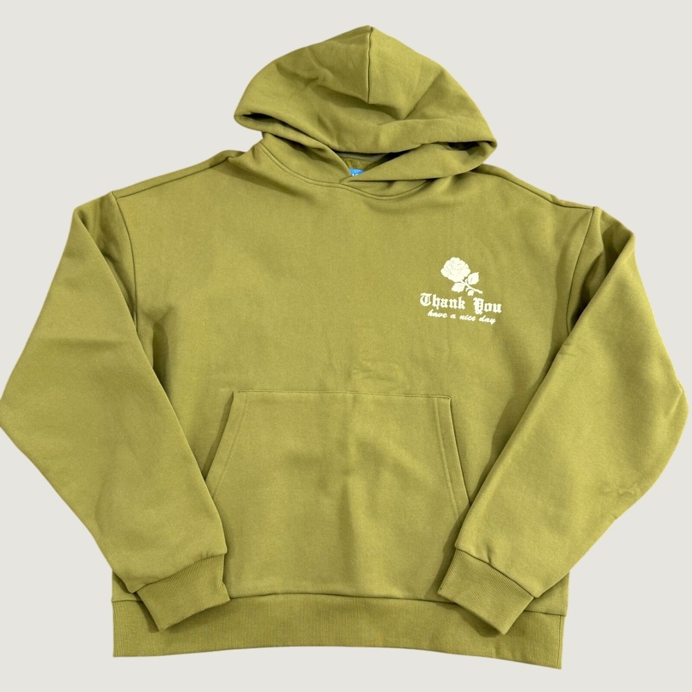 Market Hoodie Large Khaki Green Thank You Rose Graphic Streetwear Sweatshirt